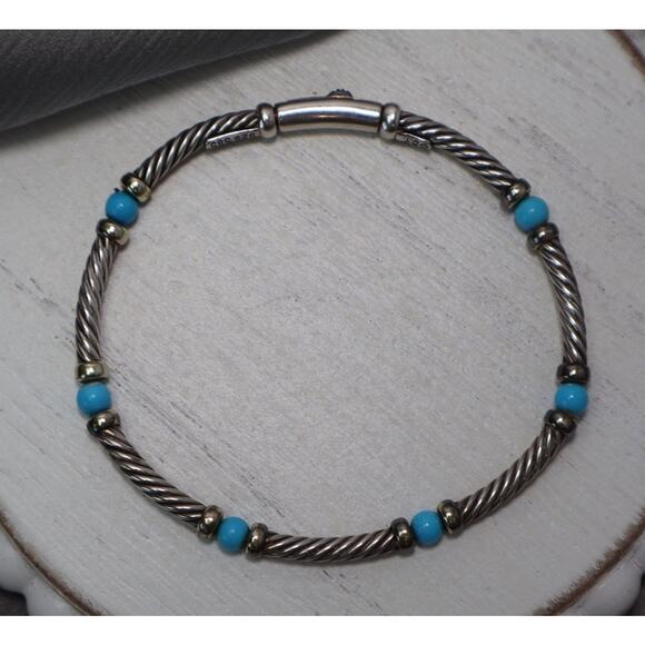 David Yurman 925 & 14k Turquoise Bead Cable Bracelet 9.73G / 6.75In - Picture 6 of 8